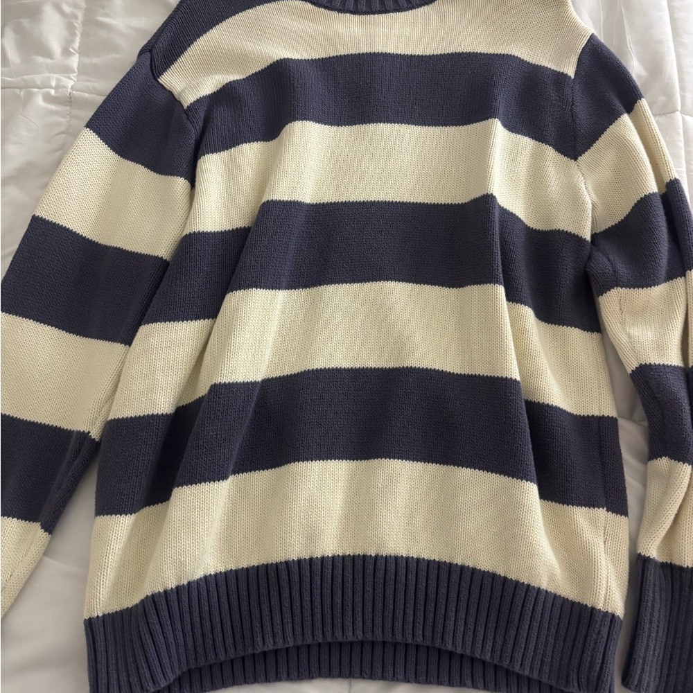 Brandy Melville Navy and Cream Striped Crewneck Sweater